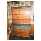 Farmhouse Style Pine Kitchen Hutch with Green Accents, 78 in. Tall