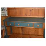 Farmhouse Style Pine Kitchen Hutch with Green Accents, 78 in. Tall