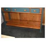 Farmhouse Style Pine Kitchen Hutch with Green Accents, 78 in. Tall