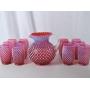 Vintage Fenton Cranberry Opalescent Hobnail Pitcher and Tumblers Set