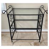 Metal and Glass Bar Cart with Scrollwork Sides on Casters