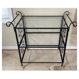 Metal and Glass Bar Cart with Scrollwork Sides on Casters