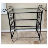 Metal and Glass Bar Cart with Scrollwork Sides on Casters