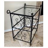 Metal and Glass Bar Cart with Scrollwork Sides on Casters