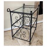 Metal and Glass Bar Cart with Scrollwork Sides on Casters