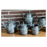 SR - Adelphi Silverplate Vintage 5-Piece Tea Set with Engraved Cherry Motif