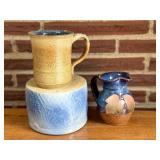 SR - Pottery Set: Blue Glazed Crock, Leaf Motif Pitcher, and Signed Mug