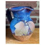 SR - Pottery Set: Blue Glazed Crock, Leaf Motif Pitcher, and Signed Mug