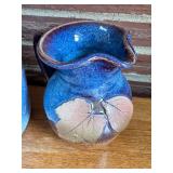 SR - Pottery Set: Blue Glazed Crock, Leaf Motif Pitcher, and Signed Mug