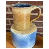 SR - Pottery Set: Blue Glazed Crock, Leaf Motif Pitcher, and Signed Mug