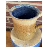 SR - Pottery Set: Blue Glazed Crock, Leaf Motif Pitcher, and Signed Mug
