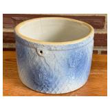 SR - Pottery Set: Blue Glazed Crock, Leaf Motif Pitcher, and Signed Mug