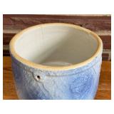 SR - Pottery Set: Blue Glazed Crock, Leaf Motif Pitcher, and Signed Mug
