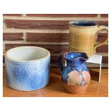 SR - Pottery Set: Blue Glazed Crock, Leaf Motif Pitcher, and Signed Mug