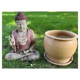 Outdoor Buddha Garden Statue and Large Ceramic Planter Pot