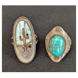 Pair of Sterling Silver Turquoise and Abalone Rings