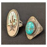Pair of Sterling Silver Turquoise and Abalone Rings