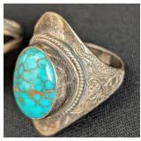 Pair of Sterling Silver Turquoise and Abalone Rings
