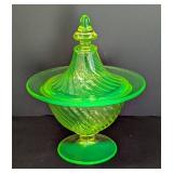 Vintage Uranium Glass Covered Candy Dish
