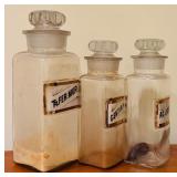 LLR - Set of 3 Vintage Apothecary Glass Jars with Labeled Fronts