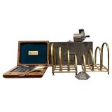 LO - Vintage Office Lot with Metal Tin Box, Desk Set, Brass Toast Rack, and More