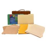 Vintage Leather Briefcase with Assorted File Folders and Office Supplies