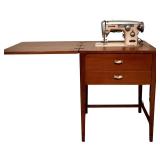 BR2 - White De Luxe Automatic Model 674 Sewing Machine with Vintage Table and Accessories
