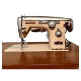 BR2 - White De Luxe Automatic Model 674 Sewing Machine with Vintage Table and Accessories
