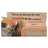 BR2 - White De Luxe Automatic Model 674 Sewing Machine with Vintage Table and Accessories