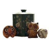 LLR - Group of 3 Figurines with Vintage Floral Tin, Porcelain Owl and Elephant, Wooden Mask