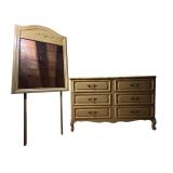 A - Vintage Yellow and White Wood Dresser with Matching Mirror