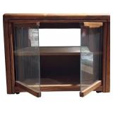 A - Vintage Wood TV Stand with Glass Doors on Casters