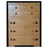A - Vintage Wooden Dresser with Brass Handles, 5 Drawers