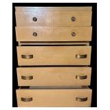 A - Vintage Wooden Dresser with Brass Handles, 5 Drawers