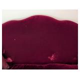 LR - Vintage Burgundy Velvet Sofa with Carved Wood Base and 2 Patterned Pillows