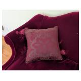 LR - Vintage Burgundy Velvet Sofa with Carved Wood Base and 2 Patterned Pillows