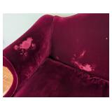 LR - Vintage Burgundy Velvet Sofa with Carved Wood Base and 2 Patterned Pillows