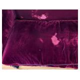 LR - Vintage Burgundy Velvet Sofa with Carved Wood Base and 2 Patterned Pillows