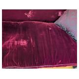 LR - Vintage Burgundy Velvet Sofa with Carved Wood Base and 2 Patterned Pillows