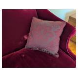 LR - Vintage Burgundy Velvet Sofa with Carved Wood Base and 2 Patterned Pillows