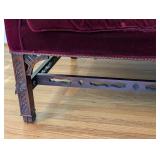 LR - Vintage Burgundy Velvet Sofa with Carved Wood Base and 2 Patterned Pillows