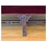 LR - Vintage Burgundy Velvet Sofa with Carved Wood Base and 2 Patterned Pillows
