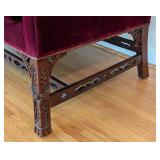 LR - Vintage Burgundy Velvet Sofa with Carved Wood Base and 2 Patterned Pillows