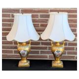 LR - Pair of 21-Inch Gilded Porcelain Table Lamps with Classical Scenes