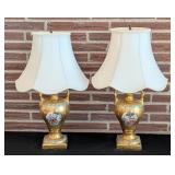 LR - Pair of 21-Inch Gilded Porcelain Table Lamps with Classical Scenes