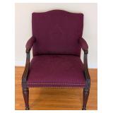 LR - Henredon Upholstered Accent Armchair with Carved Wood Frame and Burgundy Fabric