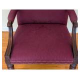 LR - Henredon Upholstered Accent Armchair with Carved Wood Frame and Burgundy Fabric