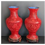 LR - Pair of Vintage 12-Inch Chinese Cinnabar Vases with Floral Carving and Wood Stands