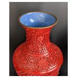 LR - Pair of Vintage 12-Inch Chinese Cinnabar Vases with Floral Carving and Wood Stands