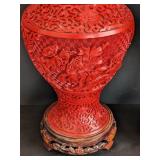 LR - Pair of Vintage 12-Inch Chinese Cinnabar Vases with Floral Carving and Wood Stands